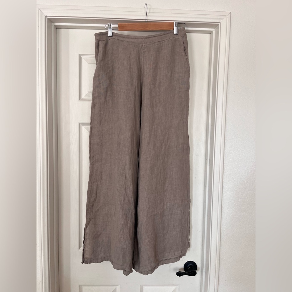 Meo Meli 100% linen wide leg taupe light brown high wasted pants